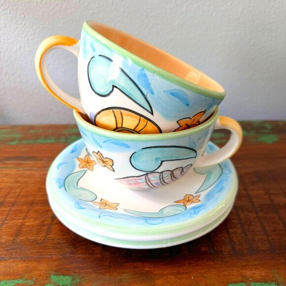 Set of 2 Salute' Ceramics Cups & Saucers | Coastal Shells Beach Cottage Vibes - Picture 2 of 11